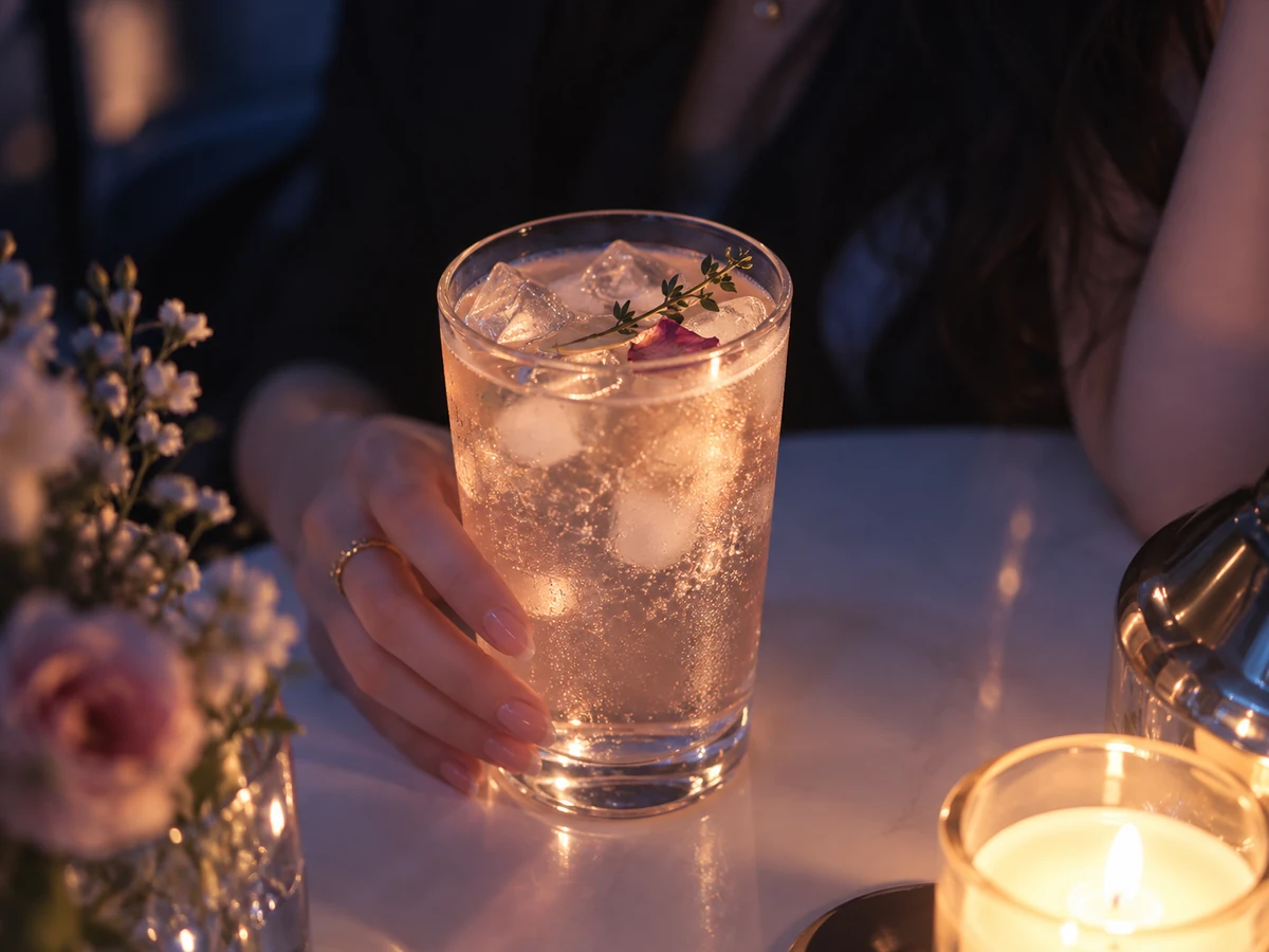 Candlelit sparkling cocktail with rose garnish